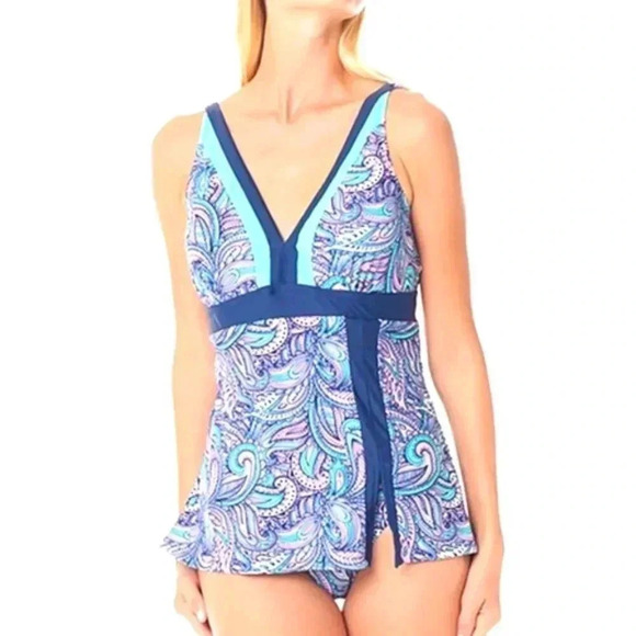 SEA & SAND-Skirted Geometric Swimdress/Swimsuit-Paisley Multicolor-Sz 14-NIB - Picture 1 of 6